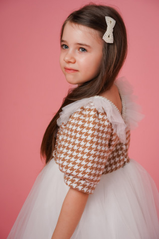 Rochie fete din stofa houndstooth cu mâneci din mătase, Camilla - Img 4