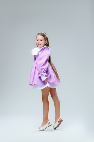 Rochie lila fete bumbac 100% cu maneci bufante si guler detasabil, Muse - Img 8