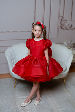 Rochie rosie fete pentru botez/ocazie cu funda supradimensionată, Caroline - Img 6
