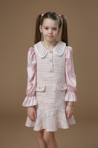 Rochie-sarafan roz fetițe din tweed cu cămașă - Img 5