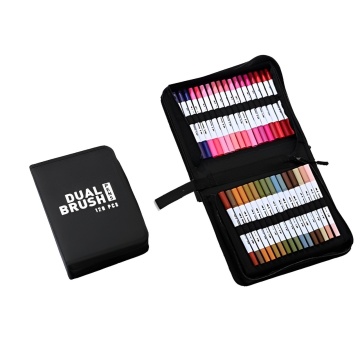 Set carioci pe baza de apa, 2 in 1, 120 culori, penar negru, corp carioca alb, 27.5 x 19.5 x 8 cm, multicolor