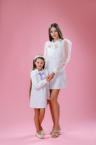 Set mama-fiica din tweed cu maneci bufante si funda, Charm - Img 3