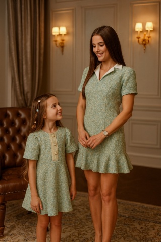 Set rochii mama-fiica verde din tweed, Sophie - Img 6