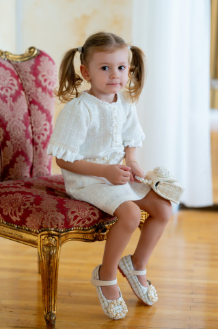 White Tweed Shoes with Pearls for Girls, Grace - Img 6