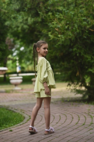 Compleu fete din in Pistachio – top și pantaloni scurți de vară - Img 6