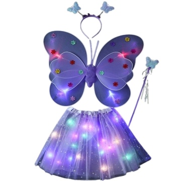 Costum fluturas copii, aripi luminoase, fusta tul, bagheta, bentita, 4 piese, mov