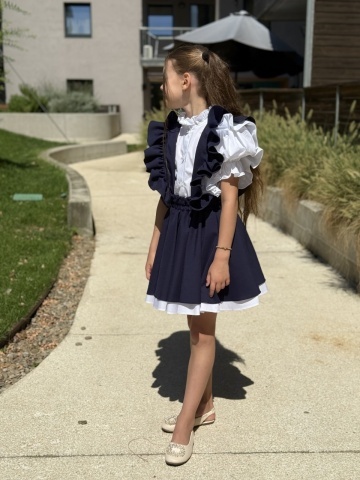 Fustă uniformă școlară cu bretele și volane pentru fete bleumarin, College Star - Img 9