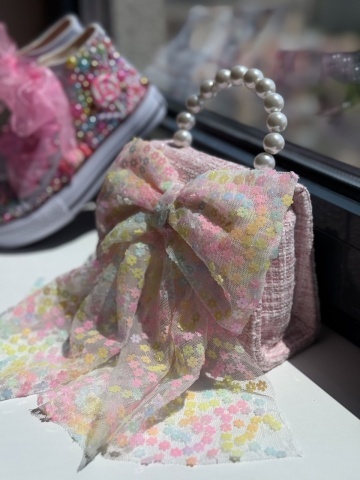 Geantă fete din tweed roz cu fundă supradimensionată, Bloomie - Img 4