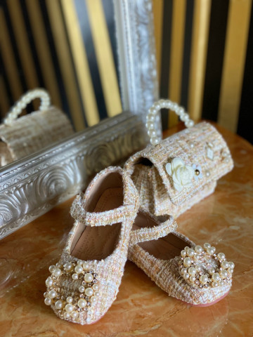 Pink Tweed Shoes with Pearls for Girls, Grace - Img 5