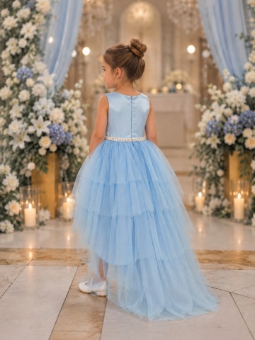 Rochie Celeste BABY BLUE lungă elegantă din tul pentru fete – rochie de ocazie cu pietre în talie - Img 3