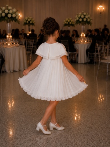 Rochie couture de ocazie pentru fete din voal plisat cu capă detașabilă și flori 3D – Éloire - Img 5