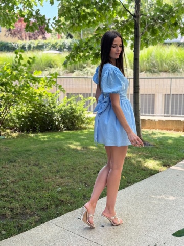 Rochie damă din bumbac baby blue de zi / elegantă cu mâneci bufante - Img 2