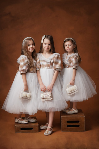 Rochie eleganta fete din stofa houndstooth cu tulle și mâneci bufante, Grace