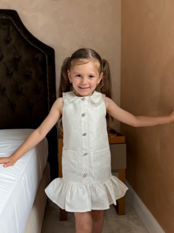 Rochie eleganta fetiță din brocard alb sidefat cu nasturi trandafiri – ocazie specială, Pearl - Img 7
