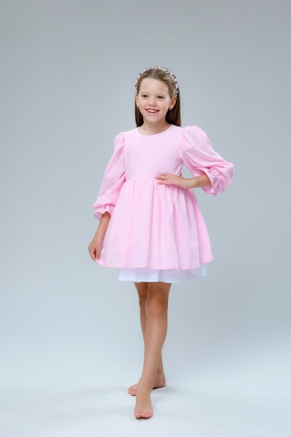 Rochie roz fete bumbac 100% cu maneci bufante, Muse - Img 1