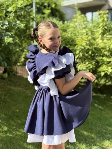 Rochie uniformă școlară fete bleumarin cu volane și căptușeală din bumbac – Academy Look - Img 10