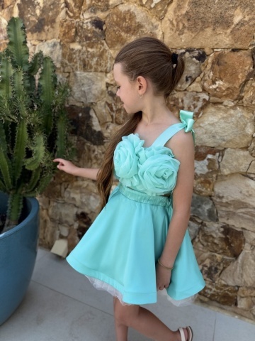 Set 2 piese elegant fete – fustă cloș & top ajustabil cu flori mentă pentru ocazii, Amira - Img 2