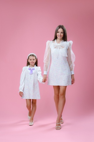 Set mama-fiica din tweed cu maneci bufante si funda, Charm - Img 4