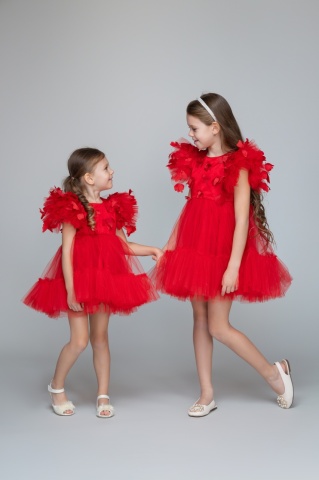 Stoc Limitat - Rochie fete de ocazie din tulle roșu cu mâneci fluture, Butterfly