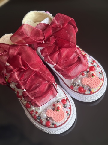 Teniși fete Mickey & Minnie Mouse, perle roșii roz cristal, fundă organza – Handmade - Img 6