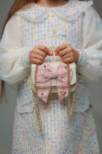 Beige Girls’ Handbag with Oversized Pink Bow, Bow - Img 7
