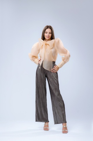 Camasa dama cappuccino din organza cu mâneci bufante și funda, Catherine - Img 3