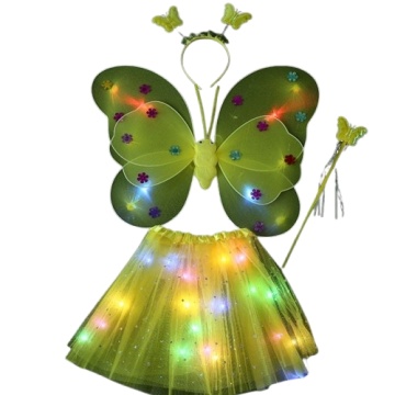 Costum fluturas copii, aripi luminoase, fusta tul, bagheta, bentita, 4 piese, galben