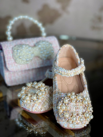 Pantofi roz din tweed cu perle pentru fetite, Grace - Img 6