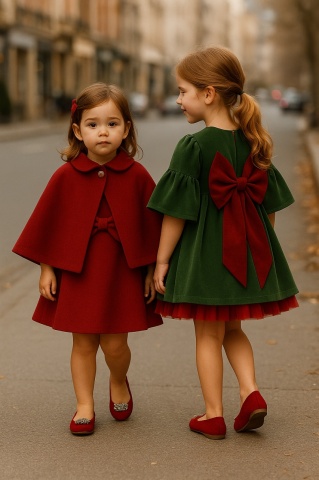 Rochie copii din catifea verde, cu fundă roșie și mâneci clopot – rochie de Crăciun, Holly Dress - Img 4