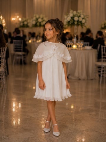 Rochie couture de ocazie pentru fete din voal plisat cu capă detașabilă și flori 3D – Éloire - Img 3