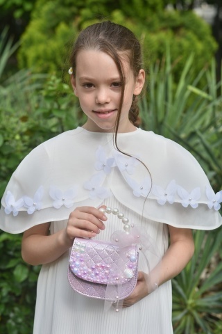 Rochie couture de ocazie pentru fete din voal plisat cu capă detașabilă și flori 3D – Éloire - Img 10