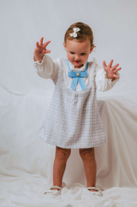 Rochie fete Bleu din Tweed cu Maneci din Bumbac - Img 3