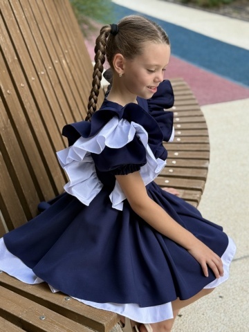 Rochie uniformă școlară fete bleumarin cu volane și căptușeală din bumbac – Academy Look - Img 11