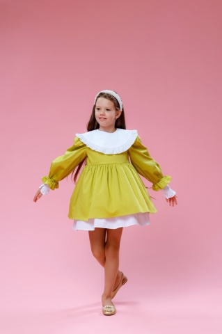 Rochie verde fete bumbac 100% cu maneci bufante si guler detasabil, Muse - Img 5