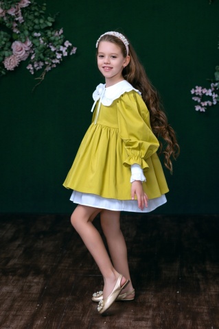 Rochie verde fete bumbac 100% cu maneci bufante si guler detasabil, Muse