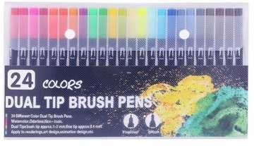 Set 24 carioci, pe baza de apa, 2 tipuri de varf, 1-2 mm, 0.4 mm, corp carioca negru, din plastic, multicolor
