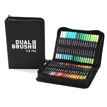 Set carioci pe baza de apa, 2 in 1, pictura, caligrafie, 120 culori, penar, corp carioca negru, 27.5x19.5x8 cm, multicolor