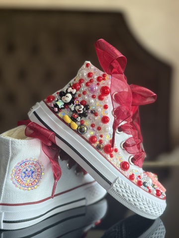Teniși fete Mickey & Minnie Mouse, perle roșii roz cristal, fundă organza – Handmade - Img 3