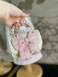 Beige Girls’ Handbag with Oversized Pink Bow, Bow - Img 8