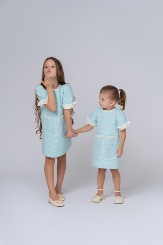 Blue Tweed Dress for Girls, Zoe - Img 2