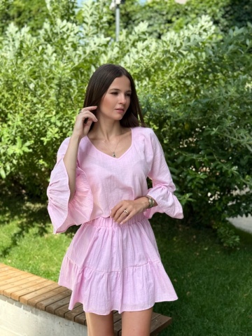 Compleu damă vară bumbac roz – fustă lejeră și crop top cu volane, Rozalia - Img 3