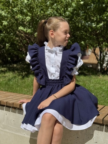 Fustă uniformă școlară cu bretele și volane pentru fete bleumarin, College Star - Img 2