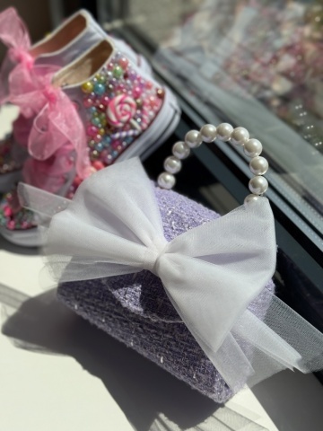 Geantă fete din tweed lila cu fundă supradimensionată albă, Lilia - Img 4