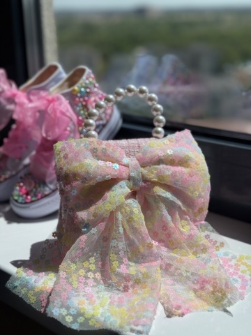 Geantă fete din tweed roz cu fundă supradimensionată, Bloomie - Img 8