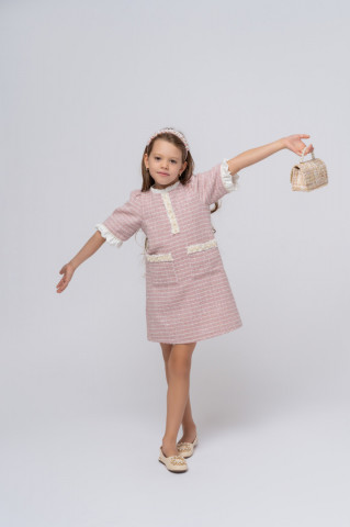 Pink Tweed Dress for Girls, Diana - Img 4