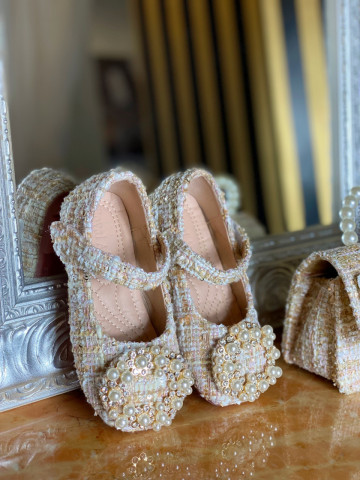 Pink Tweed Shoes with Pearls for Girls, Grace - Img 7