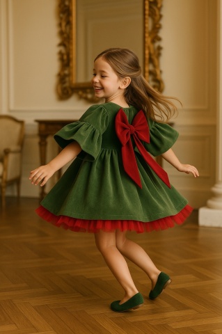 Rochie copii din catifea verde, cu fundă roșie și mâneci clopot – rochie de Crăciun, Holly Dress - Img 8