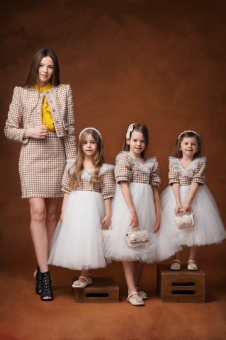 Rochie eleganta fete din stofa houndstooth cu tulle și mâneci bufante, Grace - Img 4