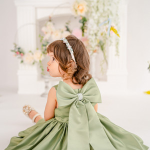 Rochie fete din tafta verde eleganta cu funda detașabilă, de ocazie, Charlotte - Img 2