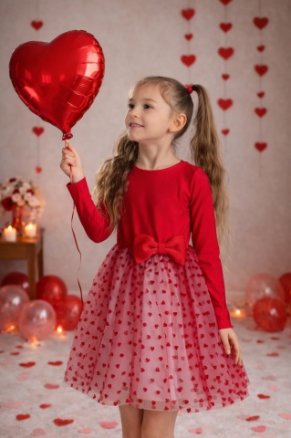 Rochie fete roșie cu tiul și inimioare brodate 3D - 8 Martie – rochie elegantă tematică Love